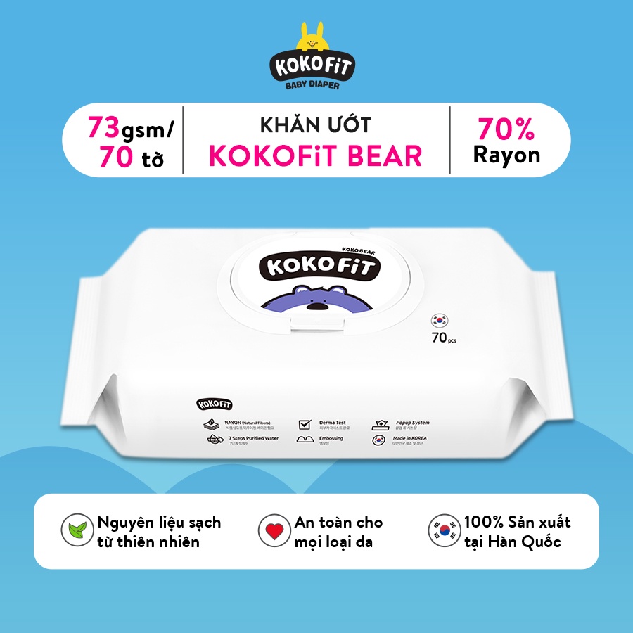 Khăn Ướt Thiên Nhiên KOKOFiT - BEAR Hàn Quốc 60% Vải Rayon 70 tờ/hộp 370g