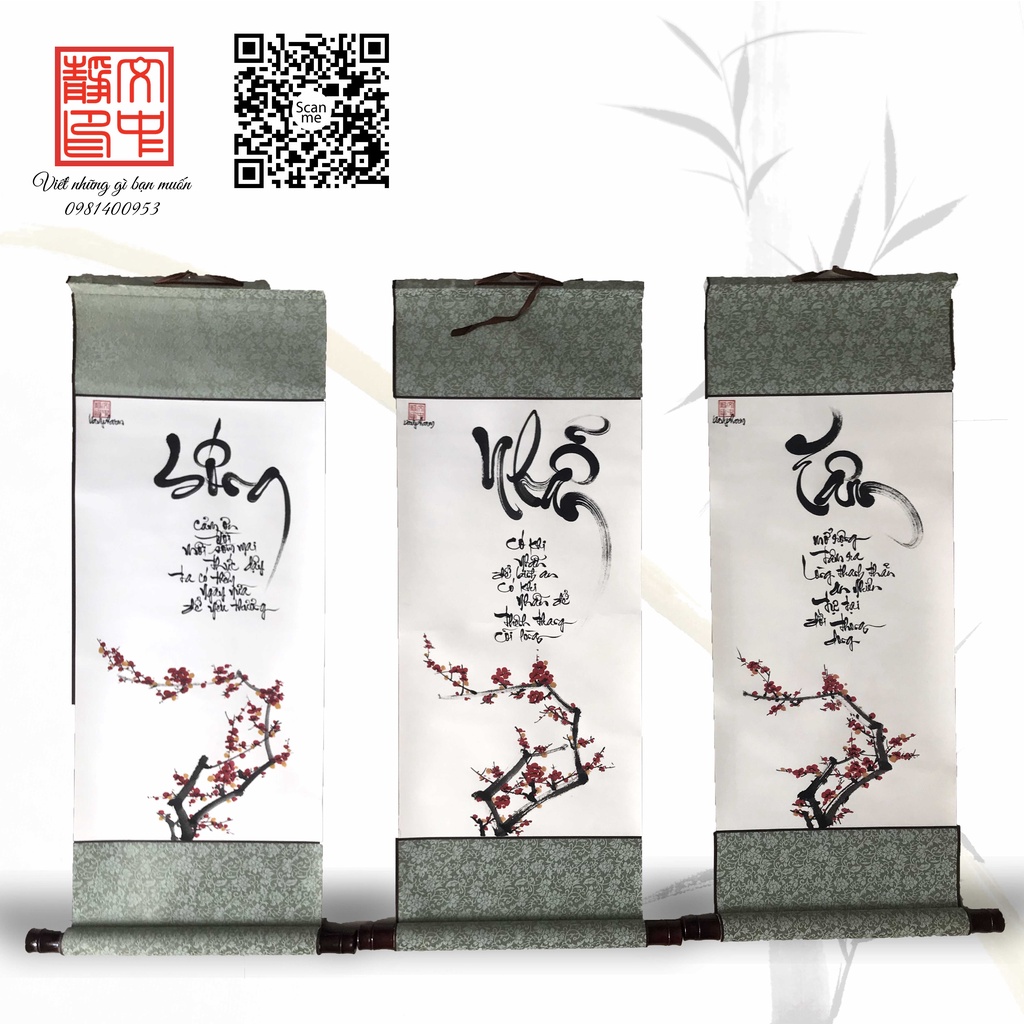 Bộ ba tranh thư pháp thủy mặc vẽ tay treo tường trang trí thư phòng chữ Sống - Nhẫn - Tâm, liễn lụa giấy xuyến