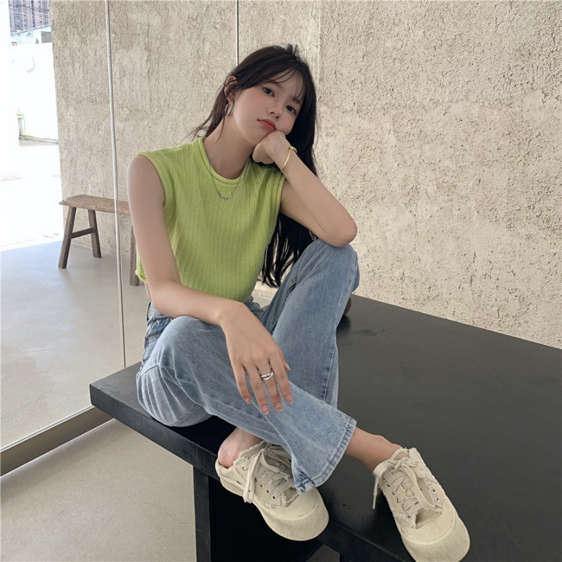 Áo Croptop Dệt Kim Không Tay Cổ Tròn Dáng Rộng Màu Xanh Lá Huỳnh Quang Thời Trang Mùa Hè Dành Cho Bạn Nữ