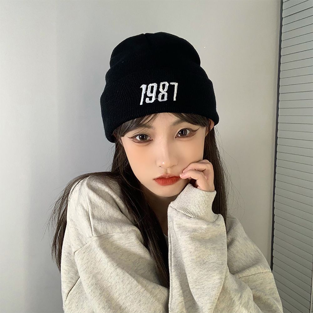 Mũ beanie giữ ấm thêu chữ số 1987 màu trơn dễ thương cho nữ