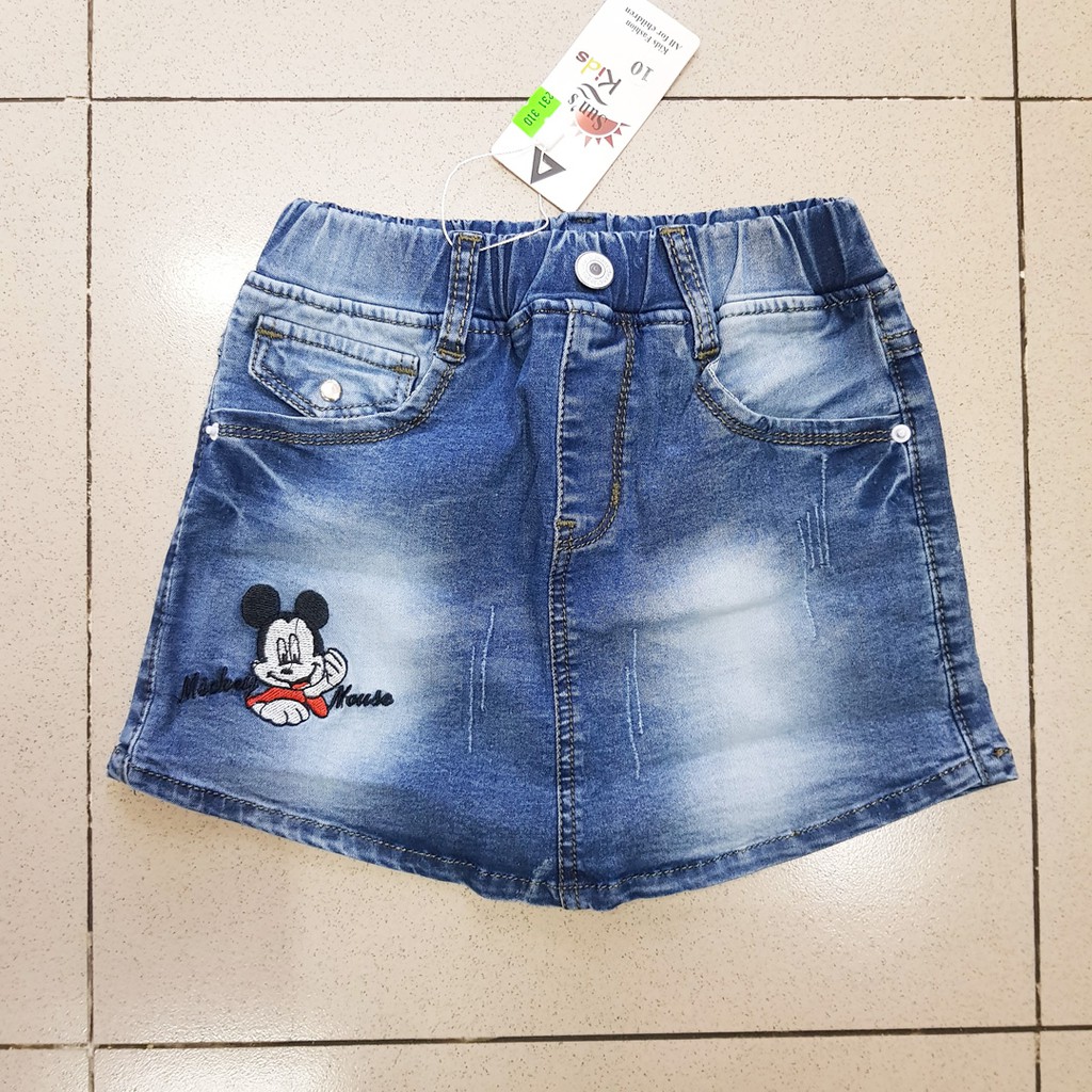 Váy quanjean cotton thun co dãn thêu mickey bé gái