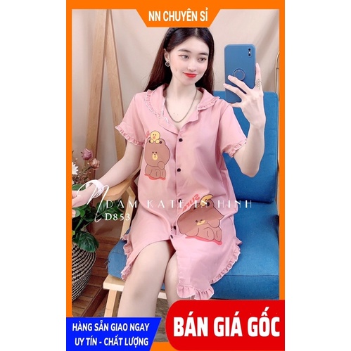 Đầm nữ mặc nhà phom rộng chất vải mềm mịn mát in hình gấu in hoạt hình dễ thương D853