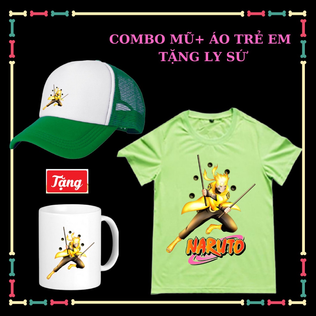 Combo Mũ Áo Naruto lục đạo phong cách cho trẻ em tay ngắn cổ tròn đủ size áo từ 10kg đến 90kg-Tặng Ly sứ Naruto