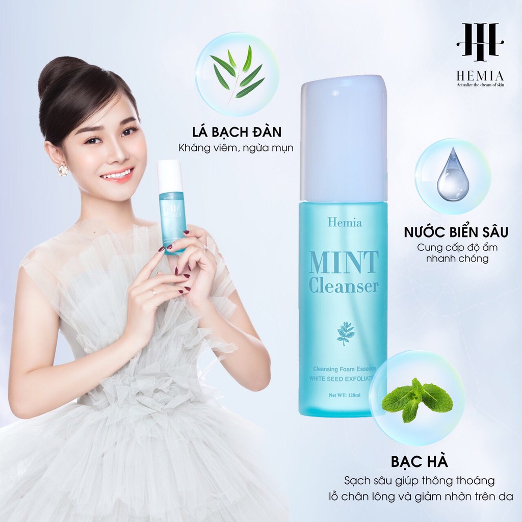 [Chính Hãng] Sữa Rửa Mặt Hemia Hàn Quốc, Tinh Thể Mint Cleanser - Dưỡng Trắng, Làm Sạch Da, Cấp Ẩm, Kiềm Dầu, Ngừa Mụn