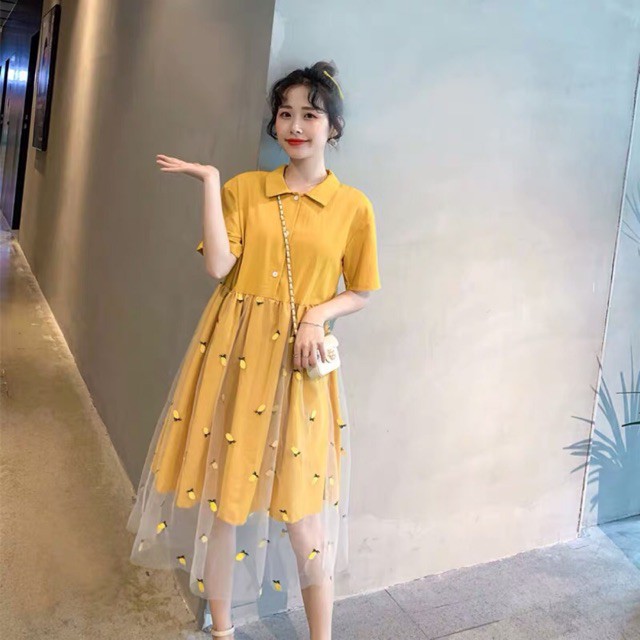 {bigsize,40-100kg}Váy cổ đức chân váy 2 lớp thêu hình quả dứa