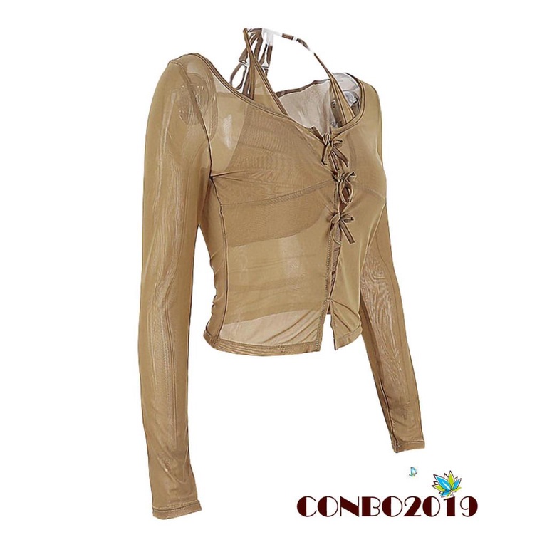 Áo Croptop Tay Dài Dáng Ôm Xuyên Thấu Màu Sắc Đơn Giản Dành Cho Nữ