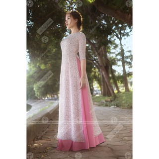 Áo dài voan hoa nhí trắng hồng 4 tà (2 lớp) tà A xòe rộng - áo dài thanh lý giá rẻ