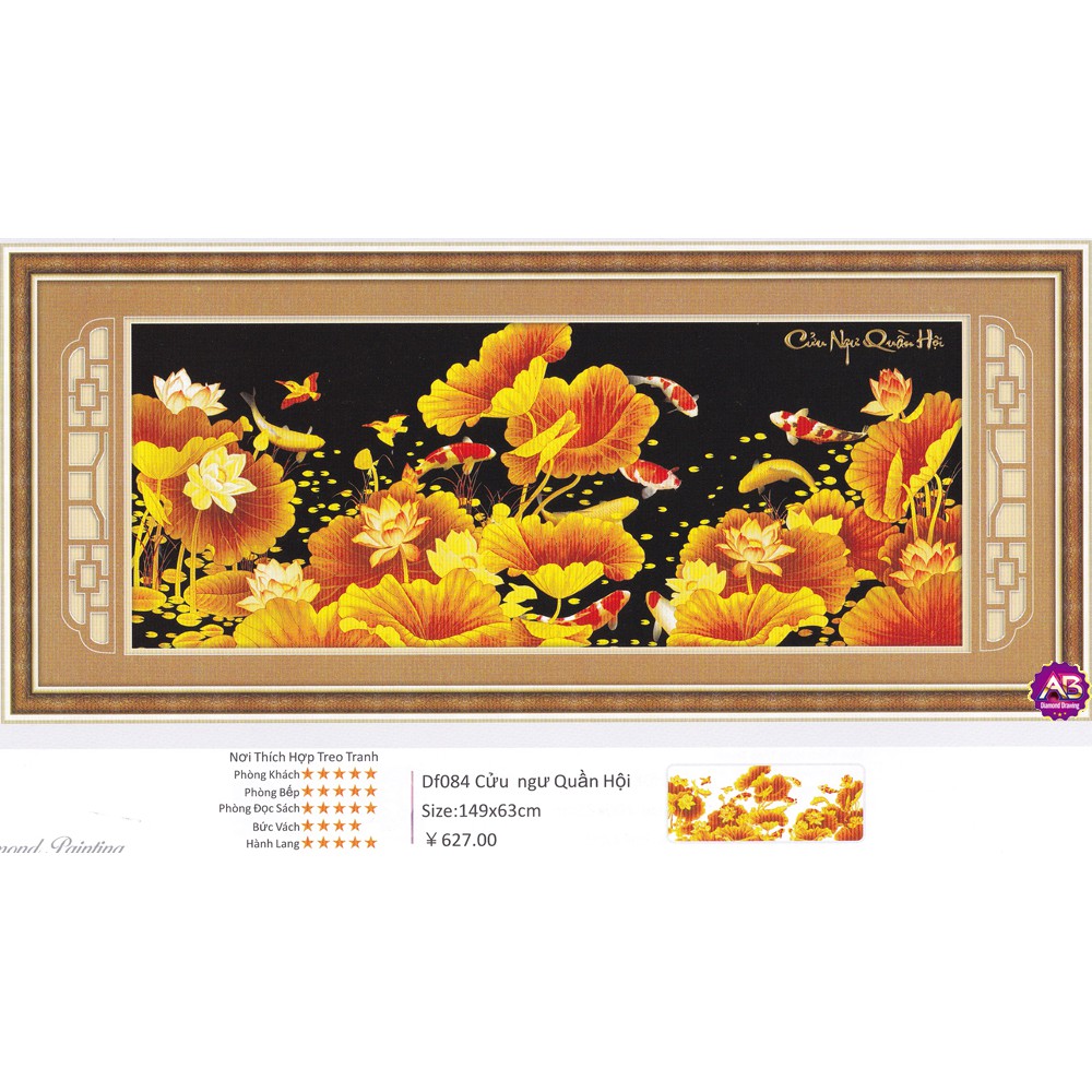 tranh đính đá cá chép hoa sen vàng cửu ngư quần hội kt 149x63cm