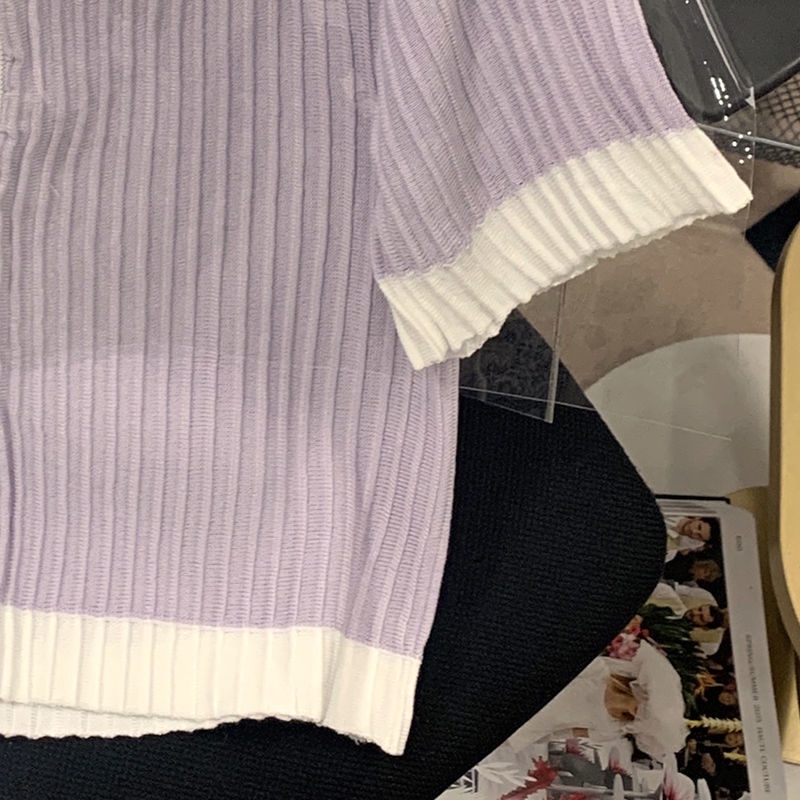 Áo cardigan Dệt Kim Tay Phồng Ngắn Cổ Chữ v Màu Tím Thời Trang Mùa Hè Cho Nữ