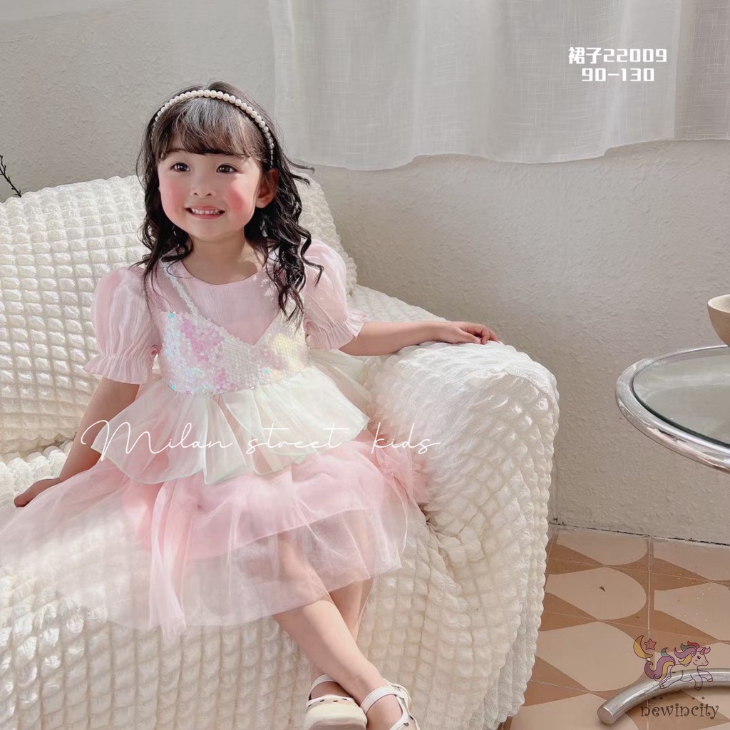 Đầm Tay Ngắn Cổ Tròn Đính Kim Sa Phong Cách Hàn Quốc Thời Trang Cho Bé Gái