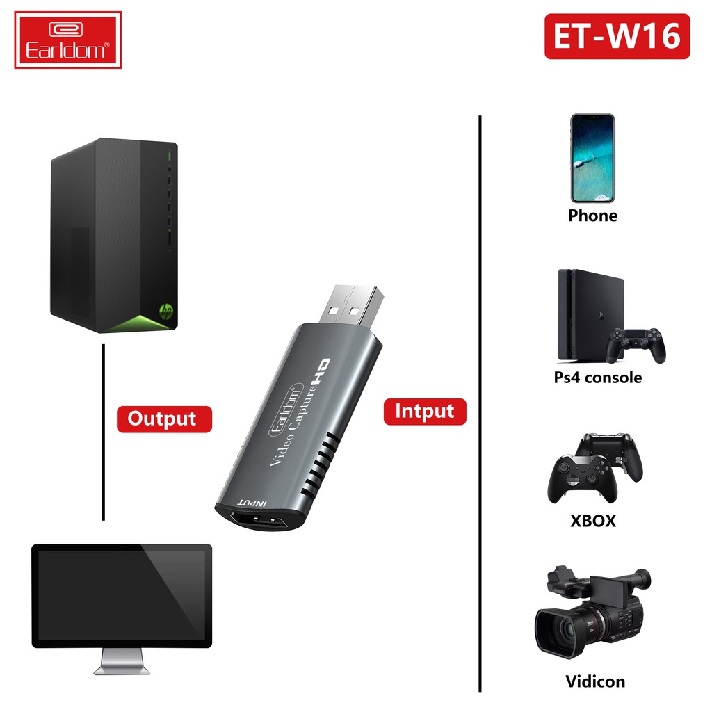 Bộ HDMI to USB Video Capture Earldom W16 - Hỗ Trợ Live Stream, Ghi Hình Từ Điện Thoại, Camera, PS4, XBOX
