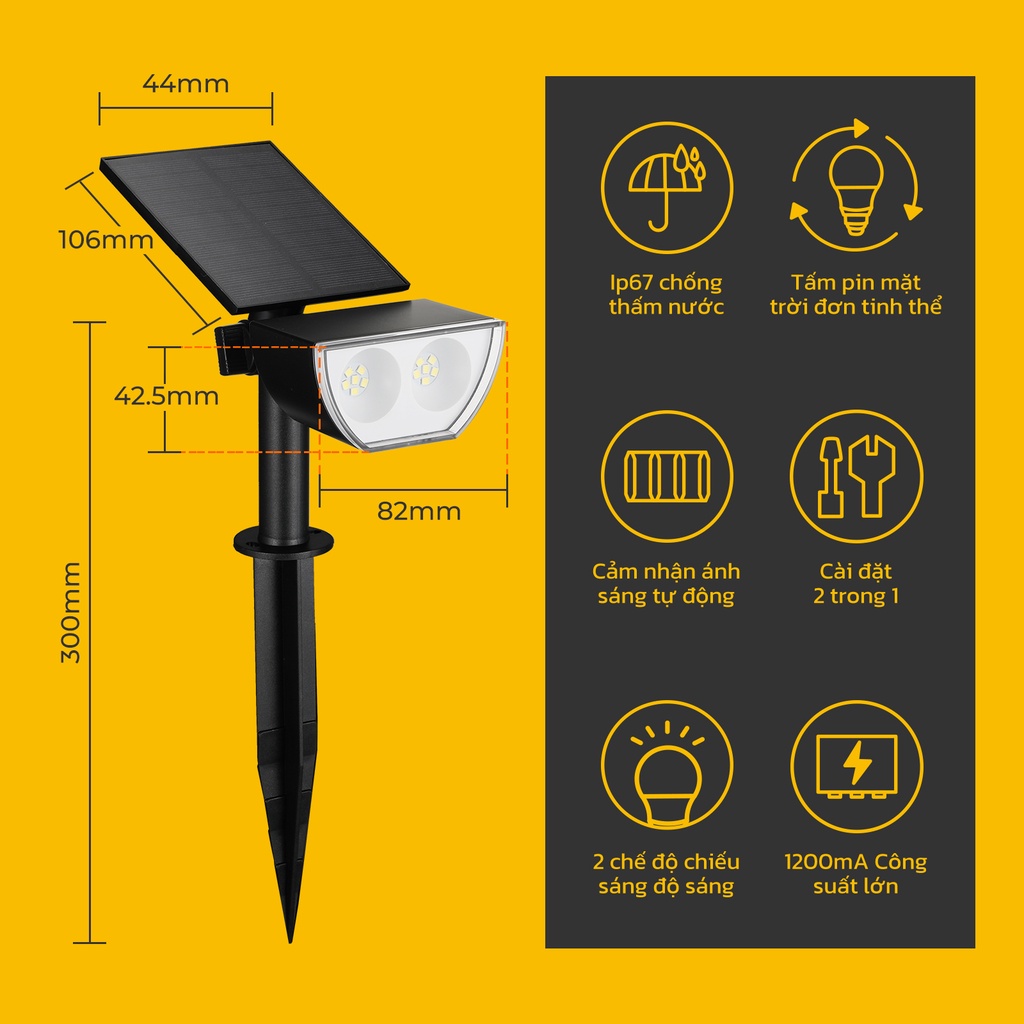 Đèn led HYDERSON IP67 2 bóng sử dụng năng lượng mặt trời chống thấm nước thích hợp cho sân/ đường lái xe/ hiên/ lối đi