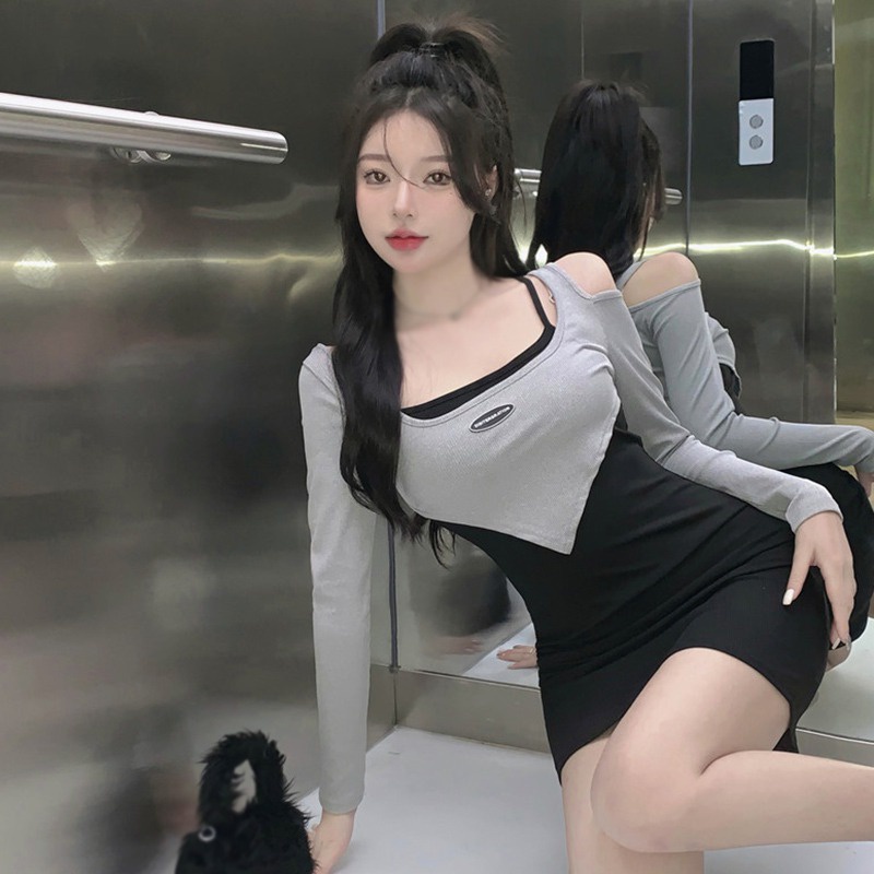 Đầm Tay Dài Cổ Tròn Màu Tương Phản Dáng Ôm Hở Vai Thời Trang Hàn Quốc Cho Nữ