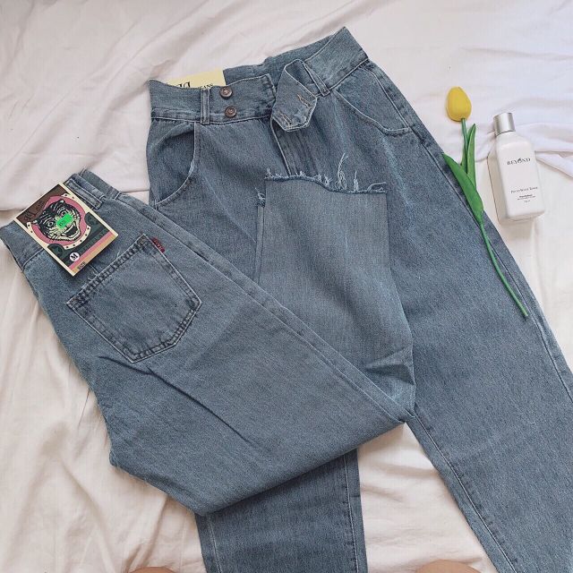 Quần slim baggy jeans hai nút đôi đai dày lưng cao ulzzang kèm ảnh thật | BigBuy360 - bigbuy360.vn