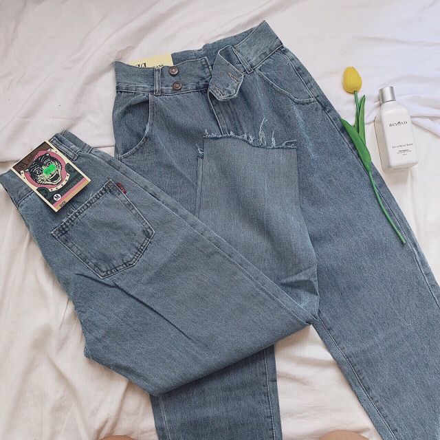 Quần slim baggy jeans hai nút đôi đai dày lưng cao ulzzang kèm ảnh thật