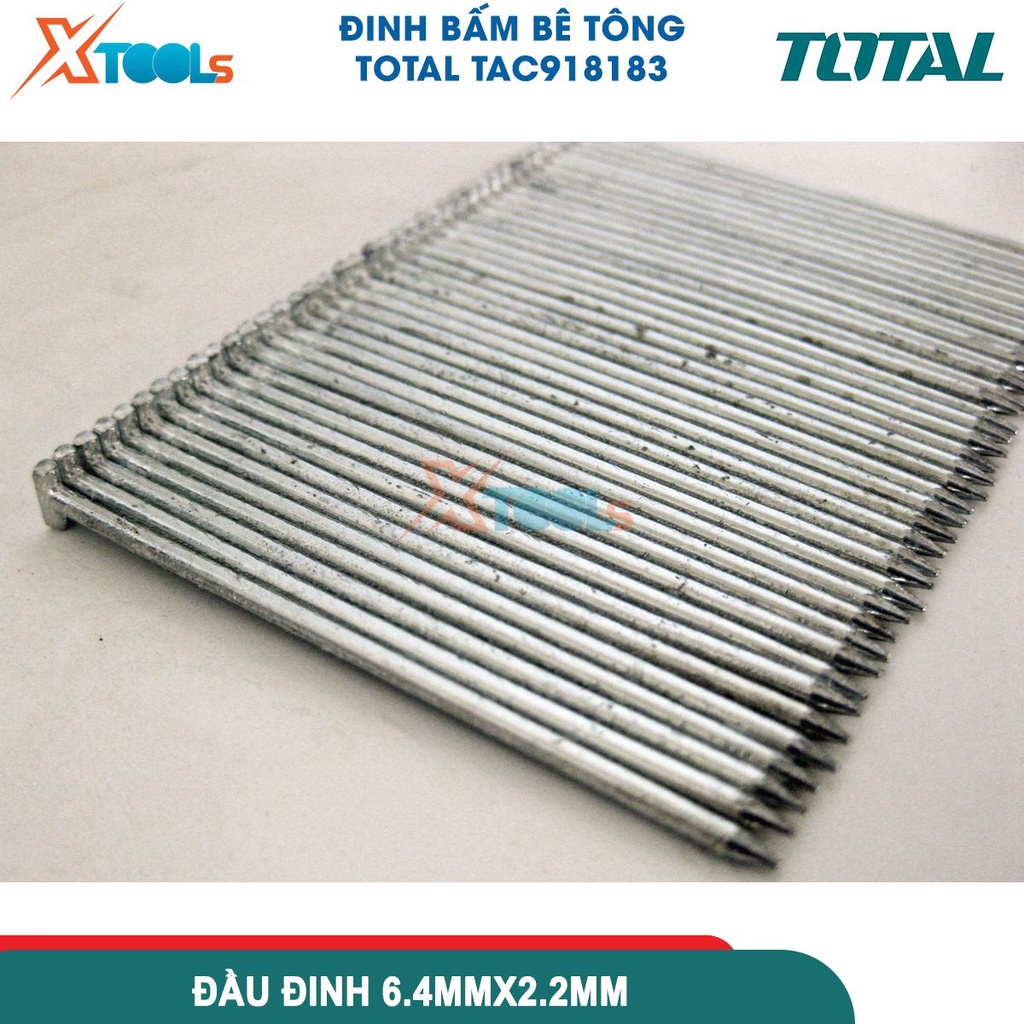 Đinh bấm bê tông TOTAL chiều dài 18-64mm, 1000 chiếc/hộp, đầu đinh 6.4x2.2mm, đường kính 2.2mm - CHÍNH HÃNG - XTOOLS