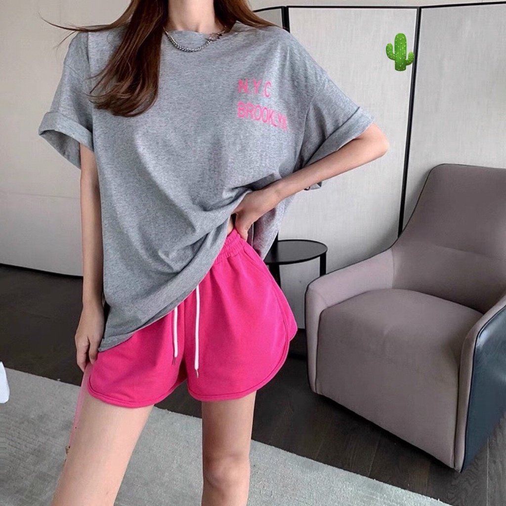 set đồ bộ áo thun form rộng xám hồng in chữ cực hot chất cotton mềm p