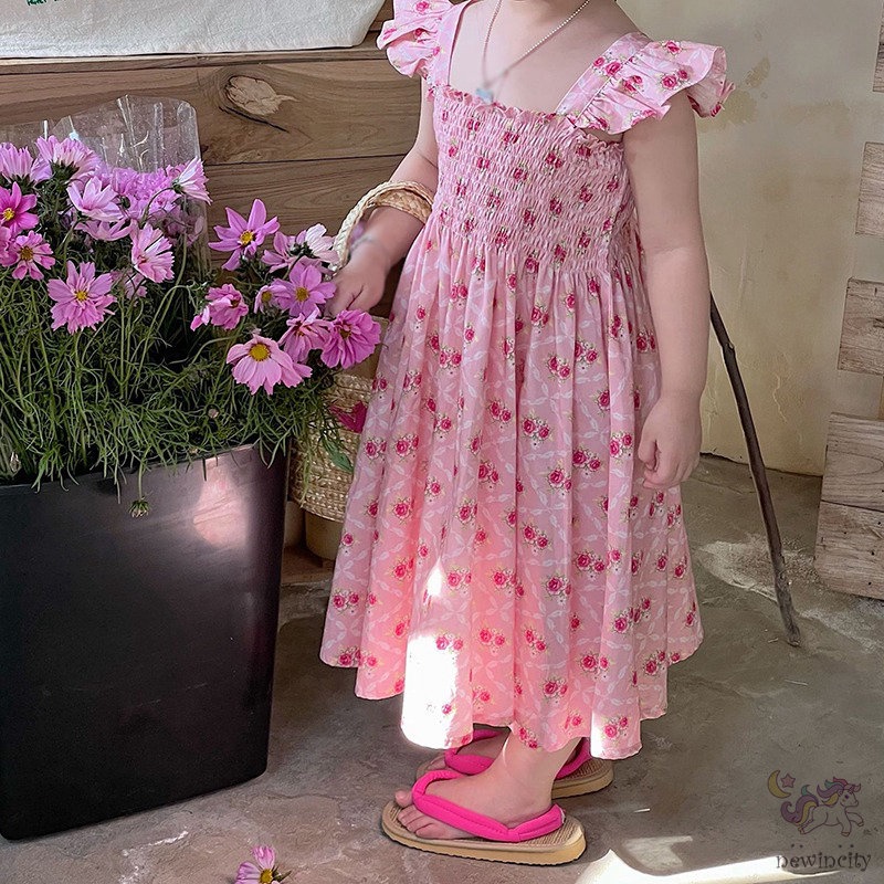 Đầm Công Chúa Tay Cánh Tiên In Hoa Đáng Yêu Thời Trang Mùa Hè Hàn Quốc Dành Cho Bé Gái