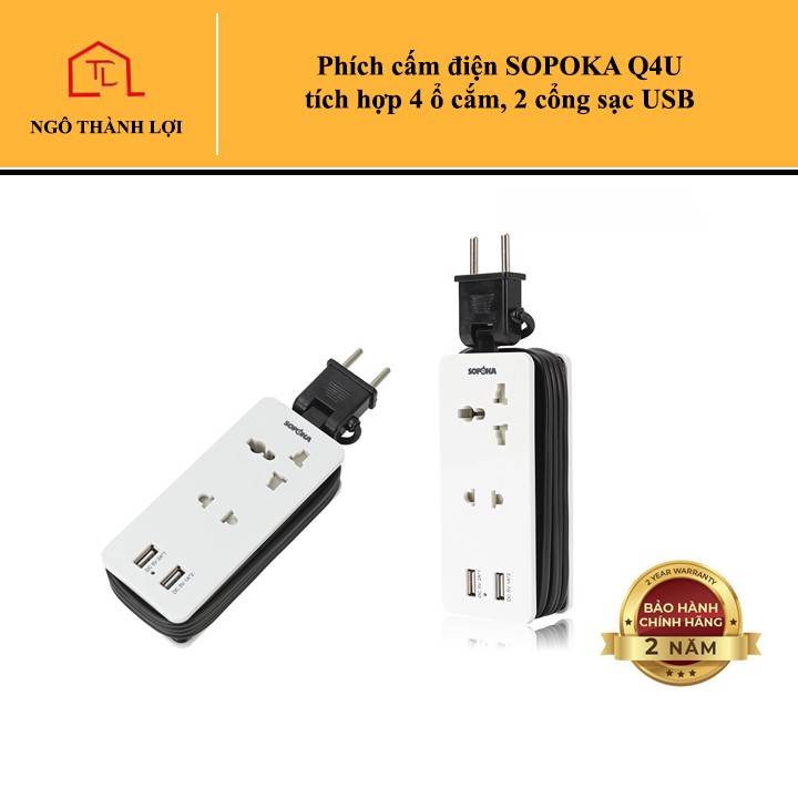 Phích cấm điện SOPOKA Q4U tích hợp 4 ổ cắm, 2 cổng sạc USB giá tốt tại Ngô Thành Lợi