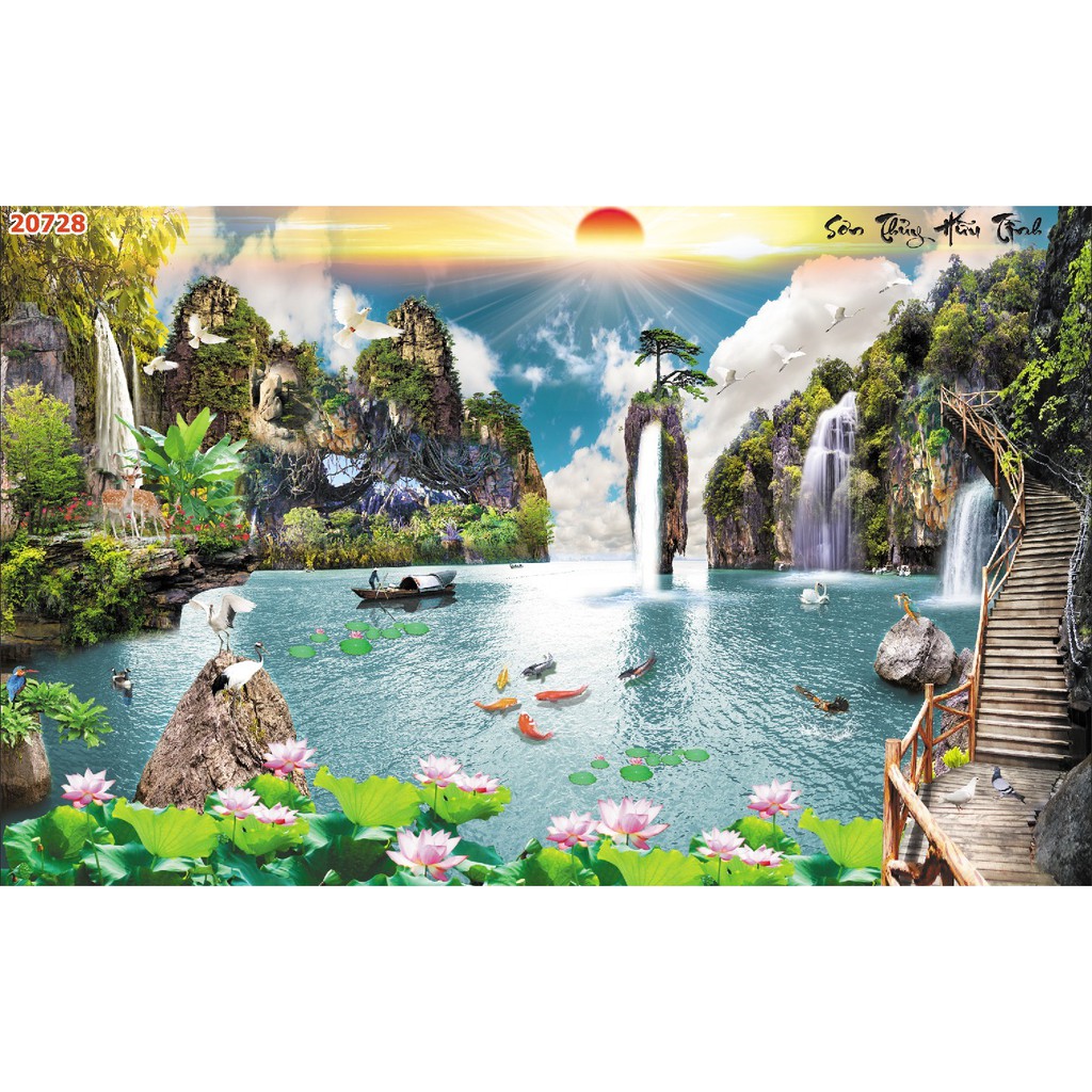 Tranh dán tường 3d phong cảnh thiên nhiên trang trí phòng khách chất liệu decal pp keo sẵn bóc dán atk2