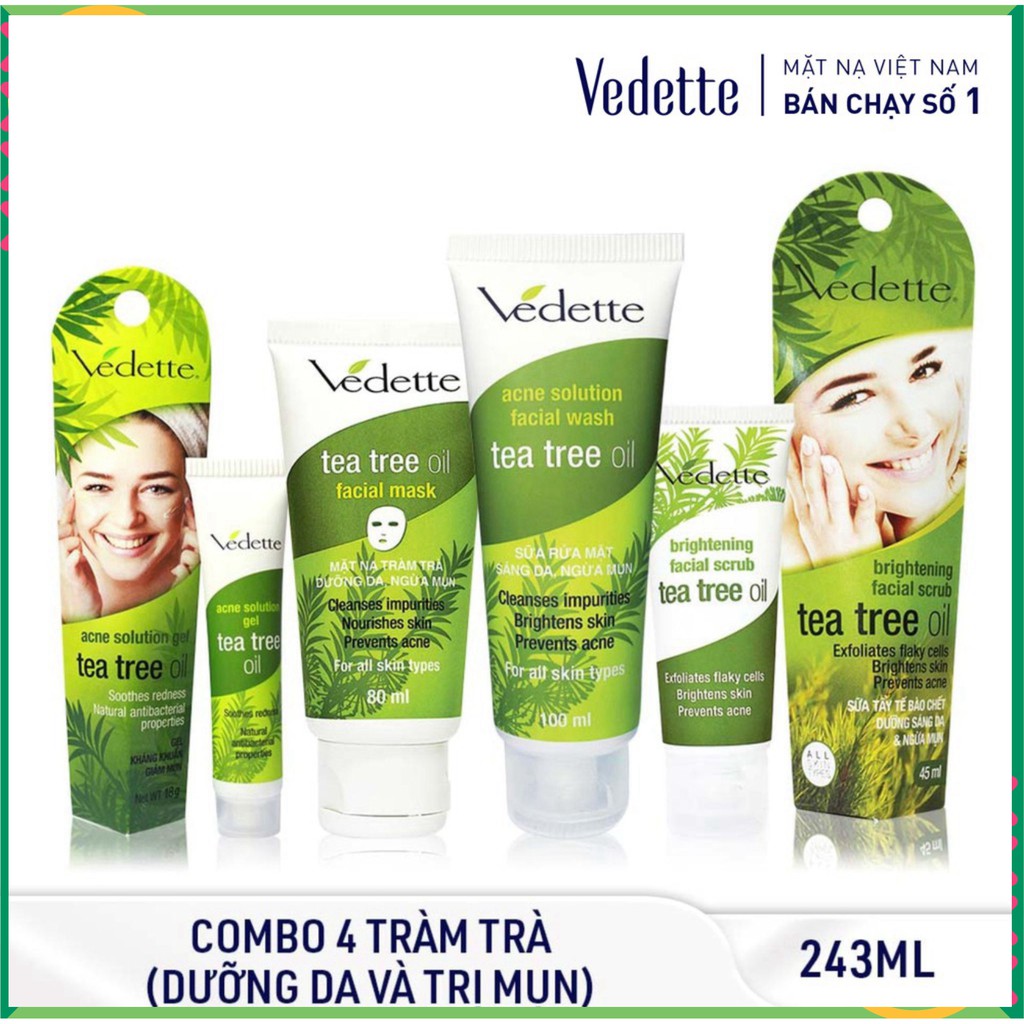 🍊 BỘ 04 SẢN PHẨM DƯỠNG DA - NGỪA MỤN TIN CHẤT TRÀM TRÀ TEA TREE OIL VEDETTE