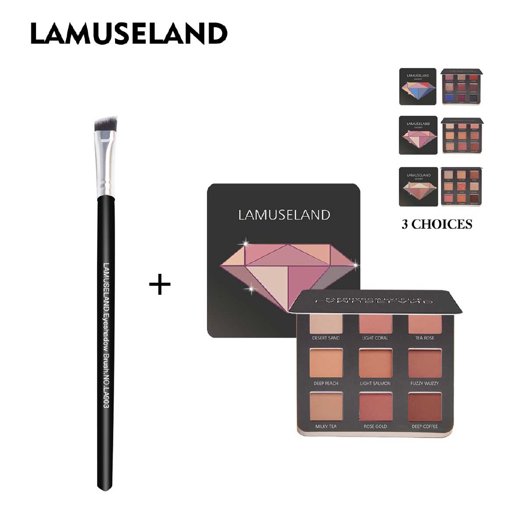 Bảng phấn mắt + cọ LAMUSELAND LAS303 có 9 màu nhũ ánh kim cương và lì 12g