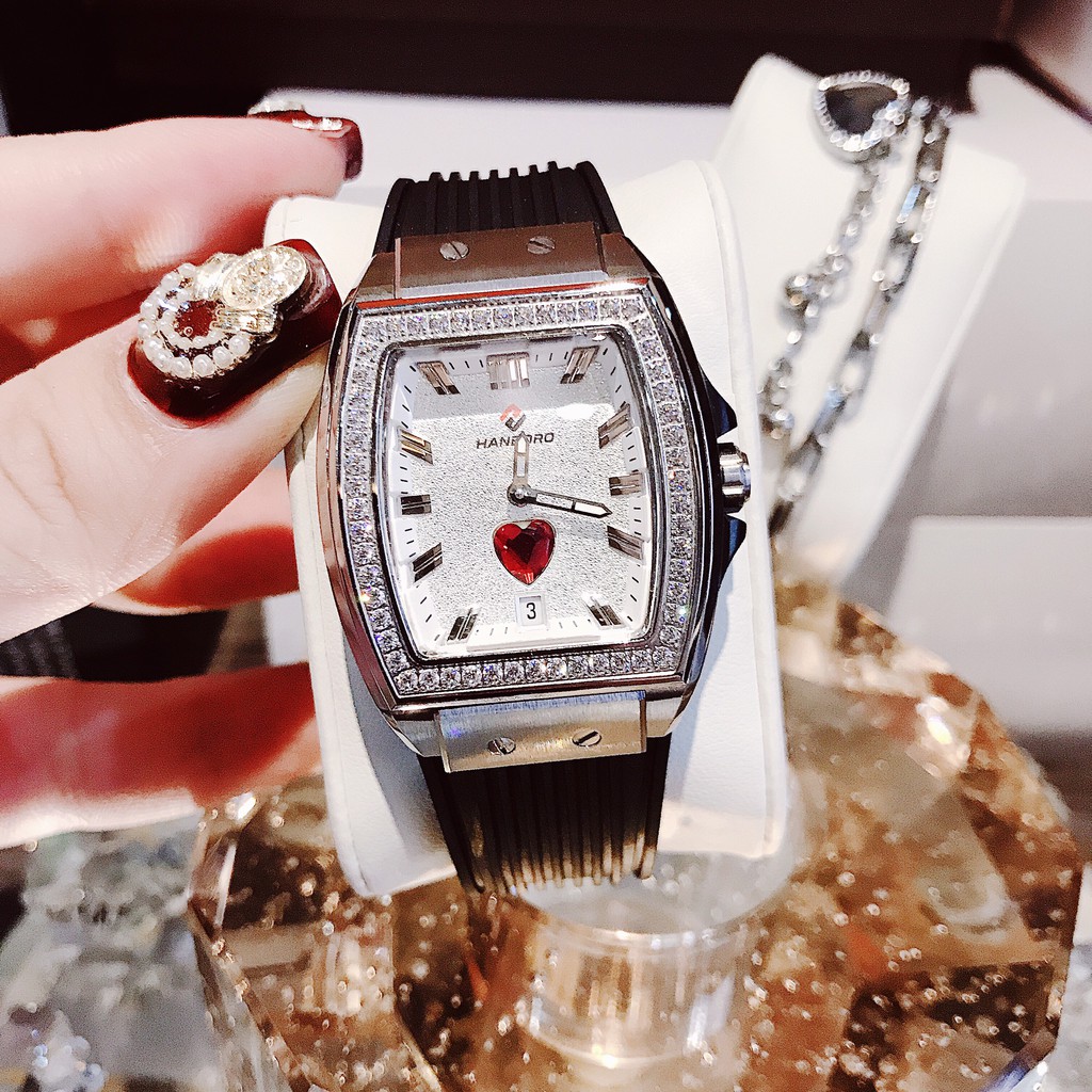 Đồng Hồ Huboler Hanboro Nữ Mặt Trái Tim Dây Silicon Đen Silver 36mm Chính Hãng