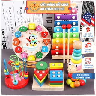 Đồ chơi trí tuệ cho bé ⚡ giá tốt ⚡ combo 7 món - đàn gỗ, tháp gỗ, luồn hạt, sâu gỗ, đồng hồ gỗ, thả hình 4 trụ, lục