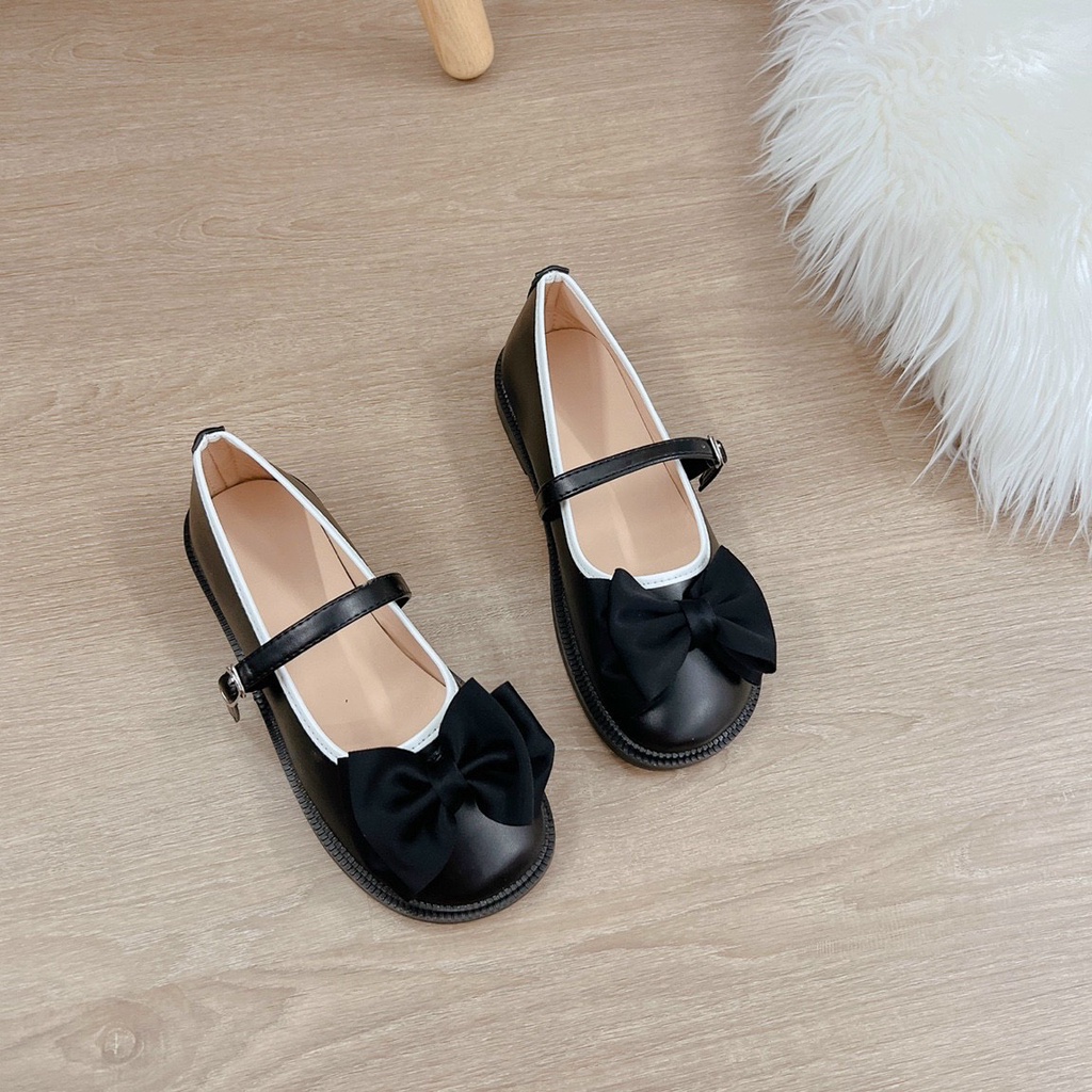 [Freeship] Giày búp bê nữ đính NƠ vải đế bệt, chất da mềm, giày lolita phong cách cổ điển