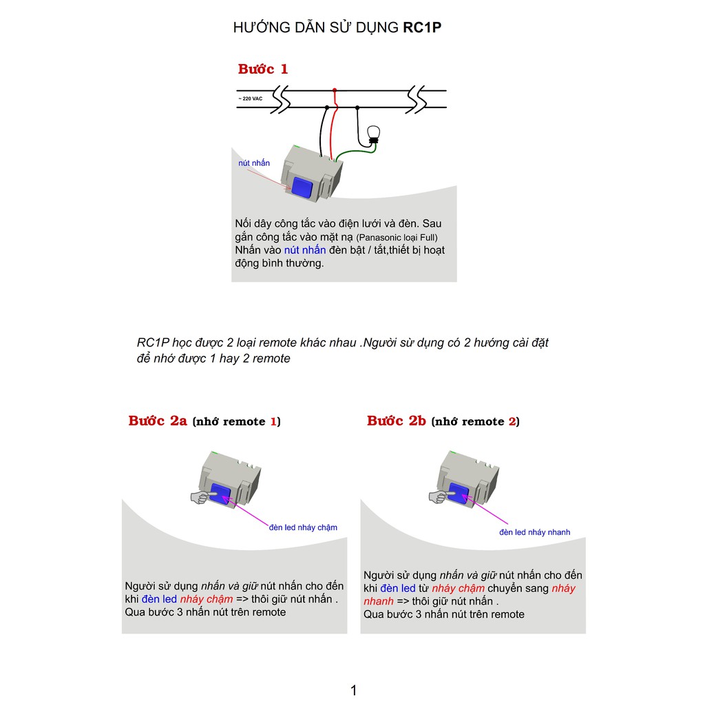 Combo 1 công tắc điều khiển từ xa bằng sóng radio RC1P+ 1 Remote RM04