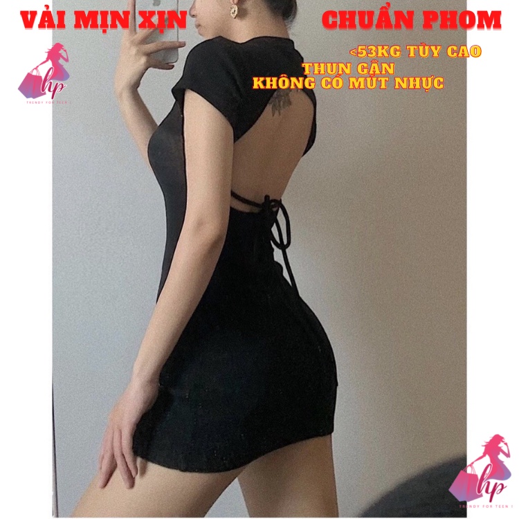 Váy đầm hở lưng nữ dáng ngắn cổ tròn cột nơ  tay ngắn ôm body màu đen sang chảnh hàn quốc dự tiệc VD192