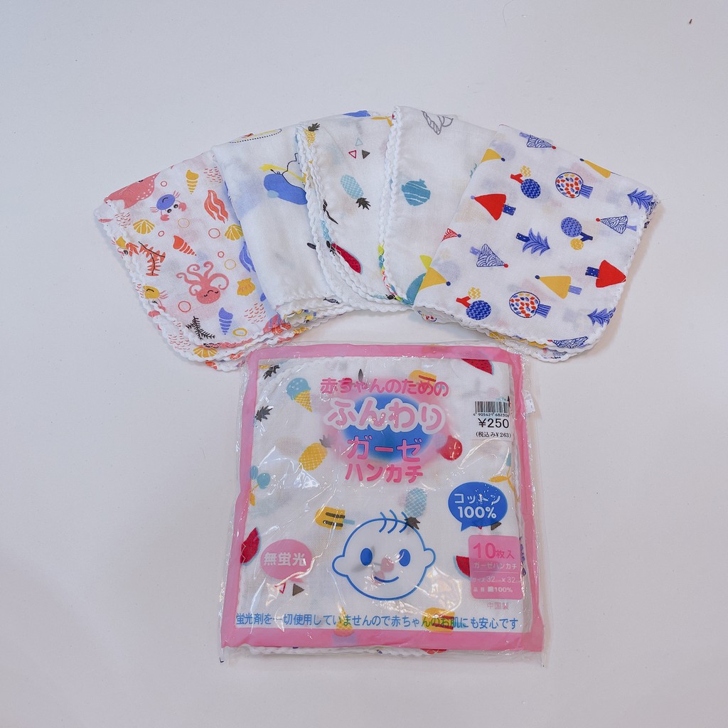 Set 10 khăn xô sữa xuất nhật loại hoa văn Mimo Baby cho bé