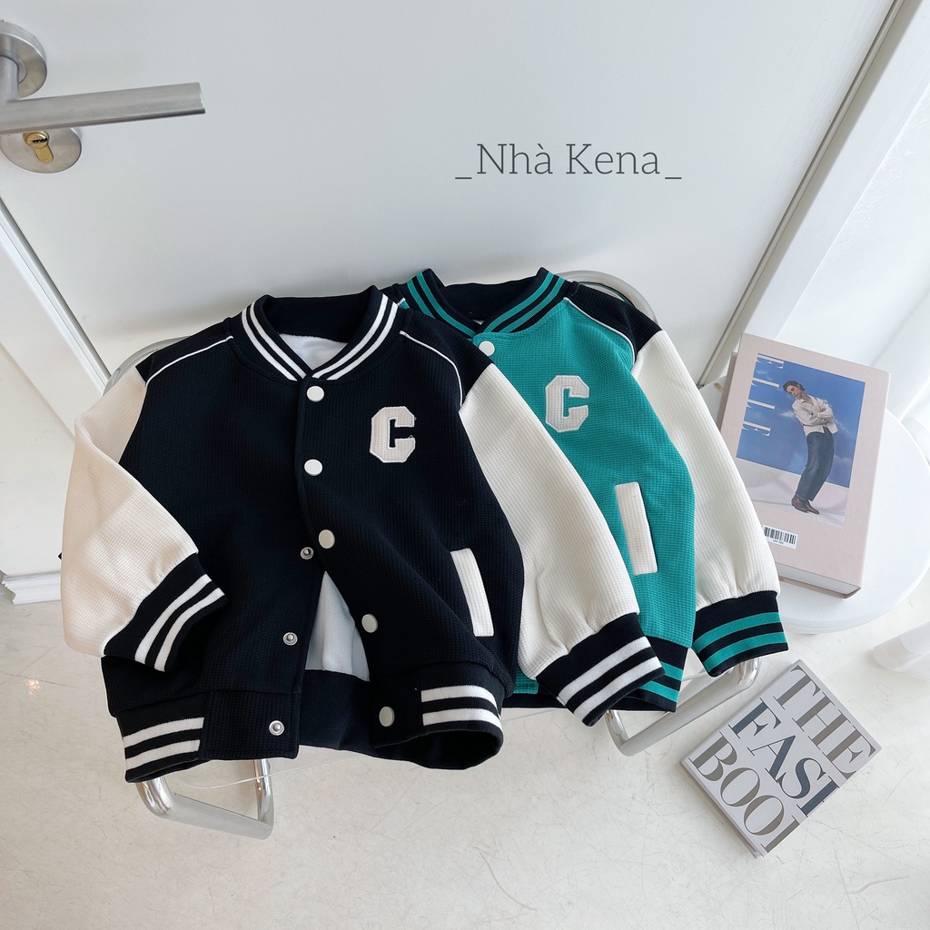 Áo khoác bomber tổ ong thêu chữ cho bé cho bé 9-30kg