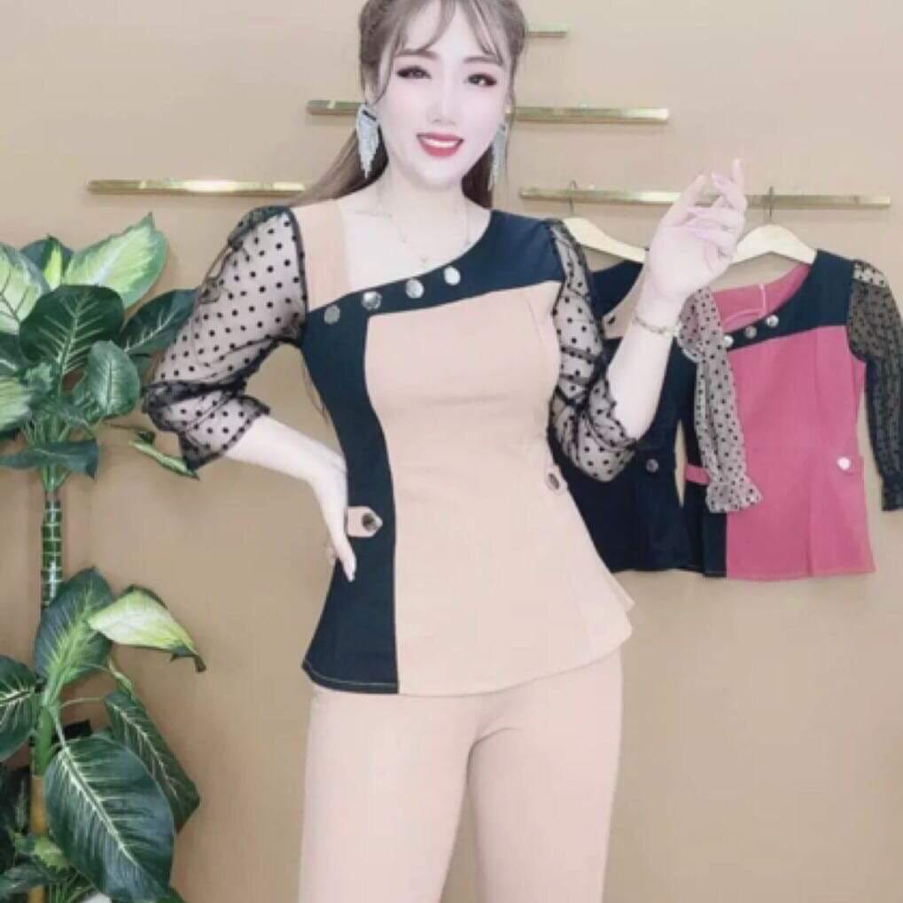 SET BỘ THỜI TRANG PHỐI TAY LƯỚI CHẤM BI SIÊU DỄ THƯƠNG-CÓ SIZE ĐẾN 85KG