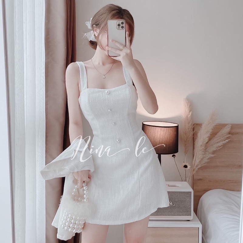 Bộ đầm hai dây bản to dạ bố màu trắng shop nina le
