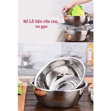 Bộ Thau Rổ Inox 304 Set 5 Món, Chậu Rổ Nhà Bếp (inox mờ)