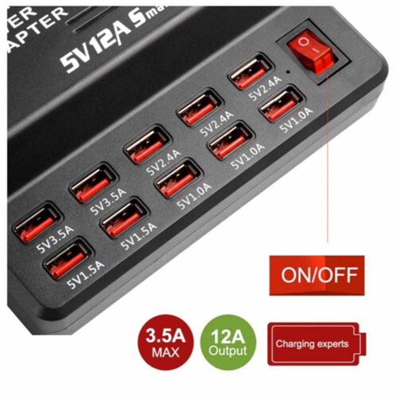 12A 10 Port Desktop USB Rapid Charger Station Wall HUB Charging Power Cable with Plug
