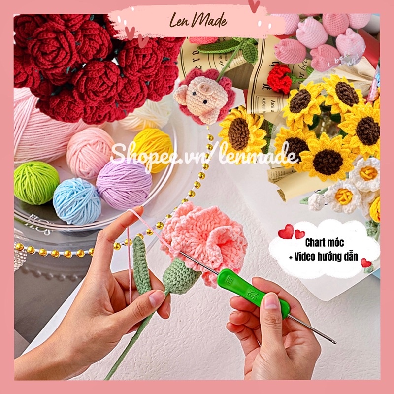 DIY gói nguyên liệu tự đan móc bó hoa bằng len handmade quà tặng ý nghĩa cặp đôi amigurumi thủ công crochet lenmade