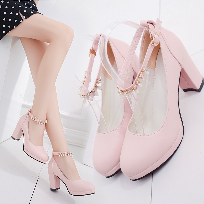 IELGY Giày cao gót đế thô quai ngọc trai thời trang sành điệu cho nữ