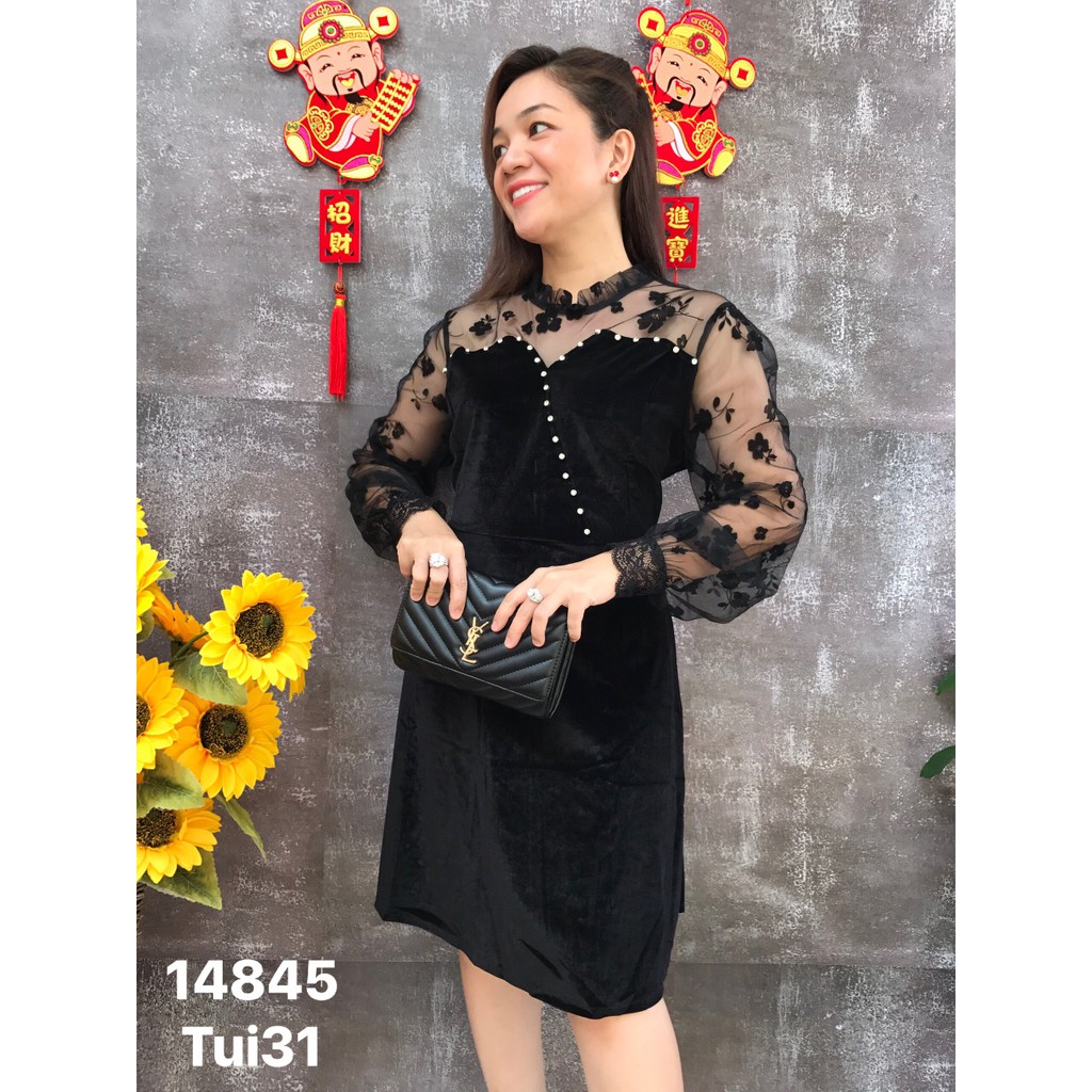 14845 -Đỏ- 3x, Đen - 4x - Đầm BIG SIZE nhung tay lưới hoa đính đá  - DN<130 - Tiệc tiec