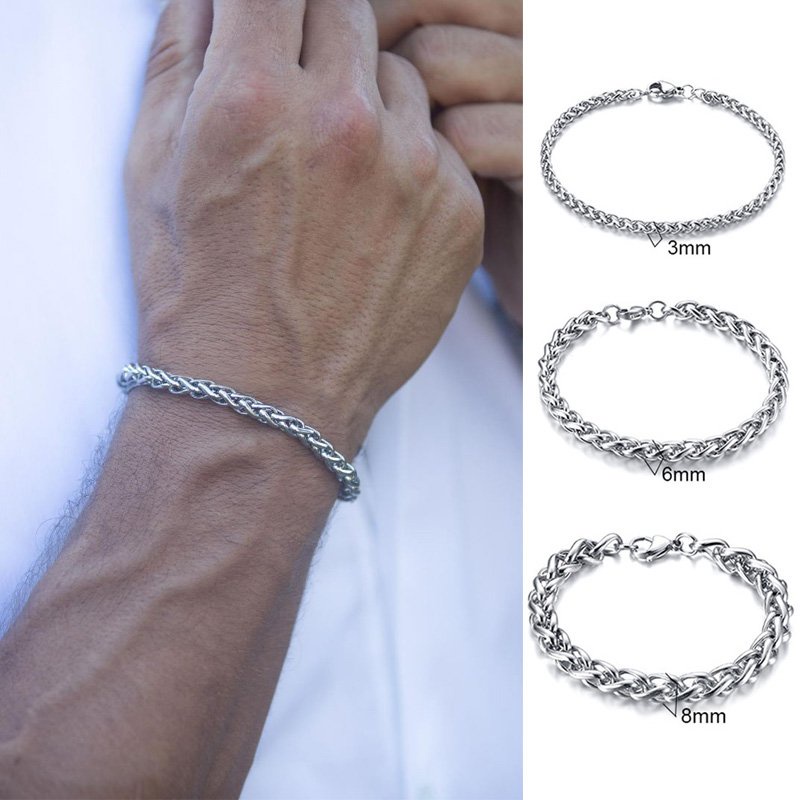 gelang tangan perempuan MEN'S JEWELRY 3 TO 8MM WIDE STAINLESS STEEL WHEAT CHAIN BRACELET 7.48 TO 9 I