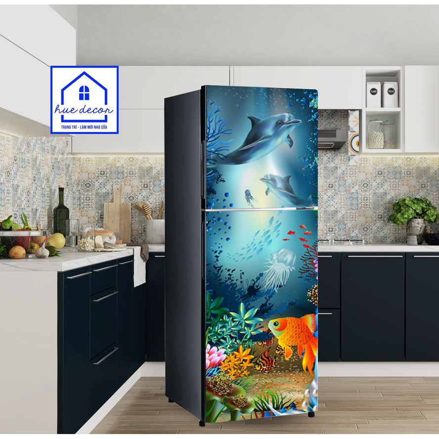 Giấy decal chuyên dụng dán tủ lạnh - máy giặt 3D cá Heo đại dương thương hiệu HUE DECOR chống nước