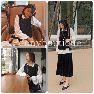 Áo Sơ Mi Phối Gile Nữ Set sơmi voan thiết kế tay bèo màu trắng đen SIÊU HOT