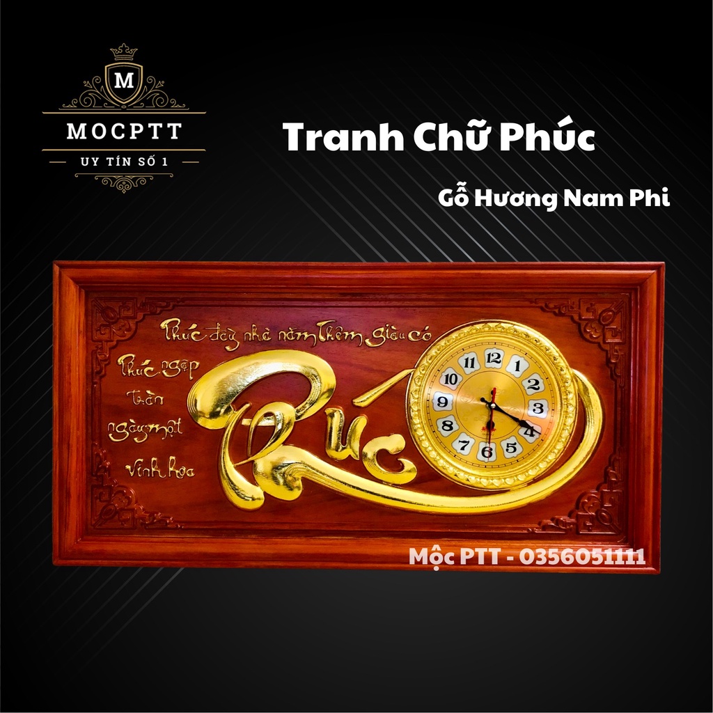 Tranh Đồng Hồ Chữ Phúc gỗ Hương Nam Phi kích thước 81 x 41 x 3 cm trang trí nhà cửa , treo tường