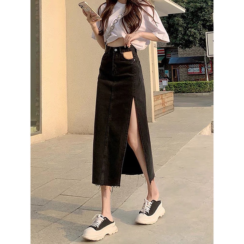 Jiashucheng Chân Váy Denim Xẻ Tà Thời Trang Mùa Hè Cho Nữ