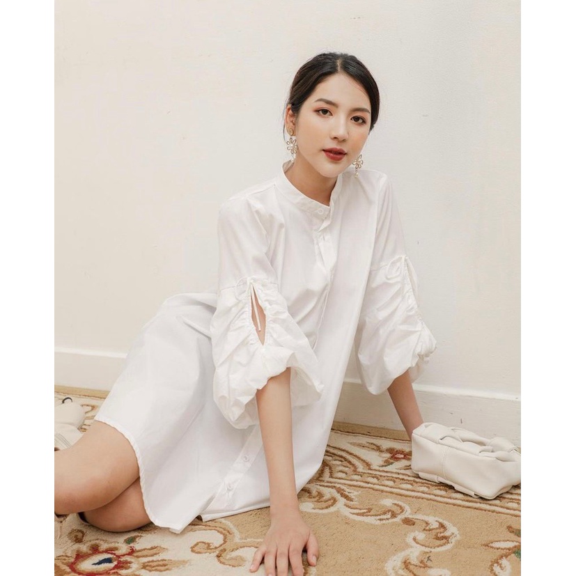 ÁO SƠMI KIỂU FORM SUÔNG CỘT NƠ TAY ÁO HAI MÀU TRẮNG ĐEN - BOW SHIRT