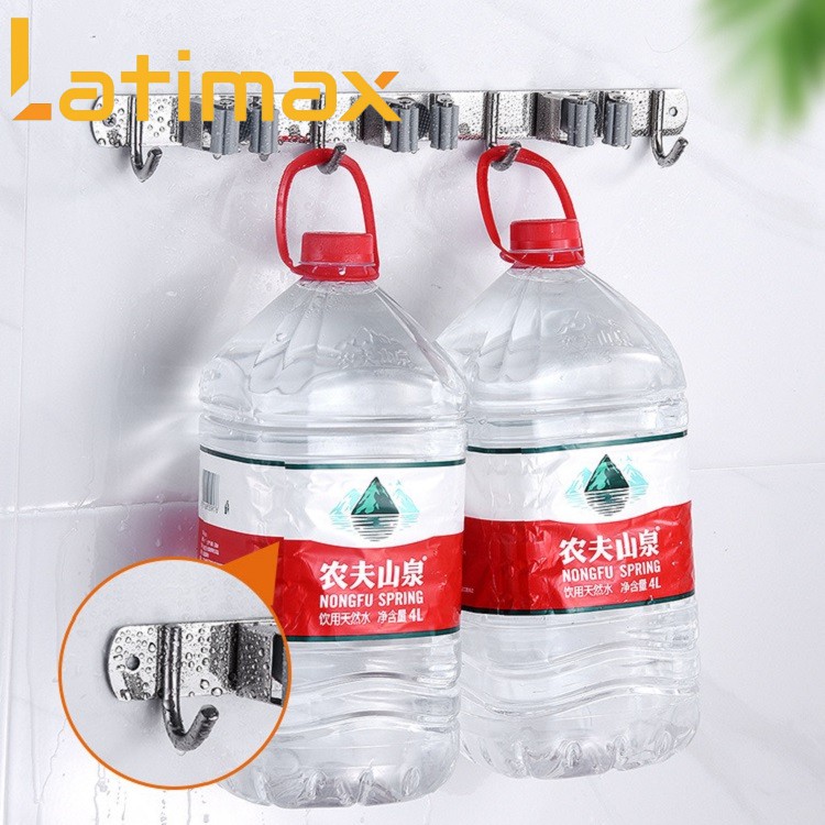 Thanh Treo Đồ Đa Năng 4 Móc 3 Kẹp Chổi Latimax Inox 304 Dán tường Siêu chắc tặng kèm keo dán chuyên dụng