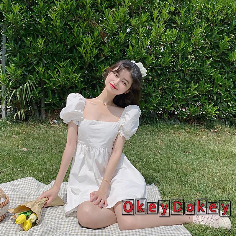 Đầm Cổ Vuông Tay Phồng Ngắn Hở Lưng Thắt Nơ Thời Trang Cho Nữ