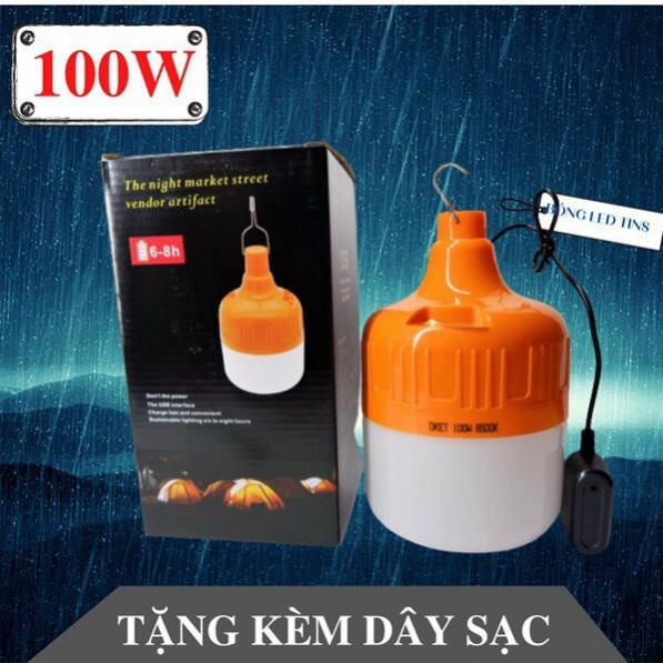 Bóng đèn tích điện, đèn tích điện 100w kèm sạc sử dụng 6-8h có móc treo thông minh