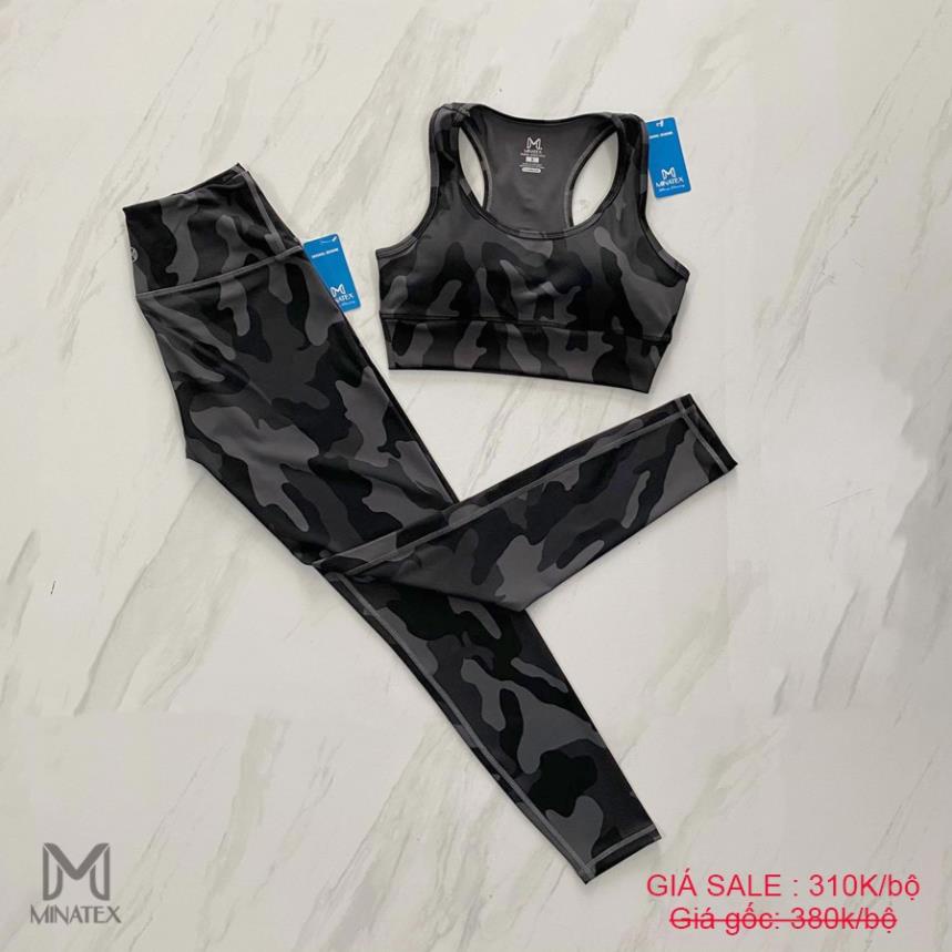 SALE Bộ tập gym bra quần dài họa tiết lính co giãn tốt chất đanh mịn đẹp.